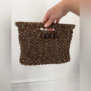 Vintage 70s Boho Macrame Clutch with Tortoise Bead Accents